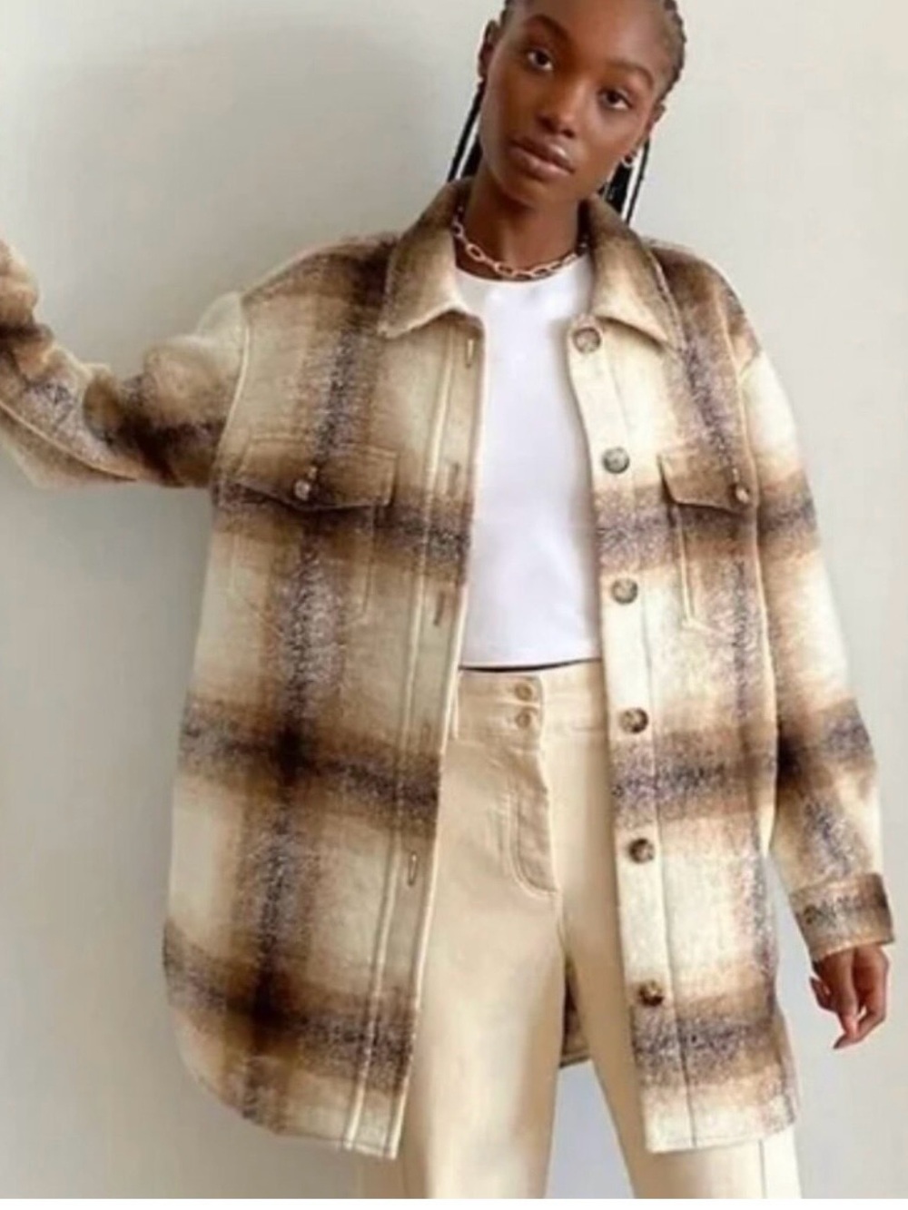 Wilfred Free Aritzia Plaid Wool Blend Shacket Jacket Coat Beige Brown Size Small
